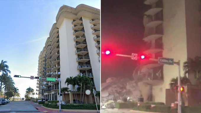 El edificio colapsado en imágenes antes y después del siniestro. Foto: Twitter
