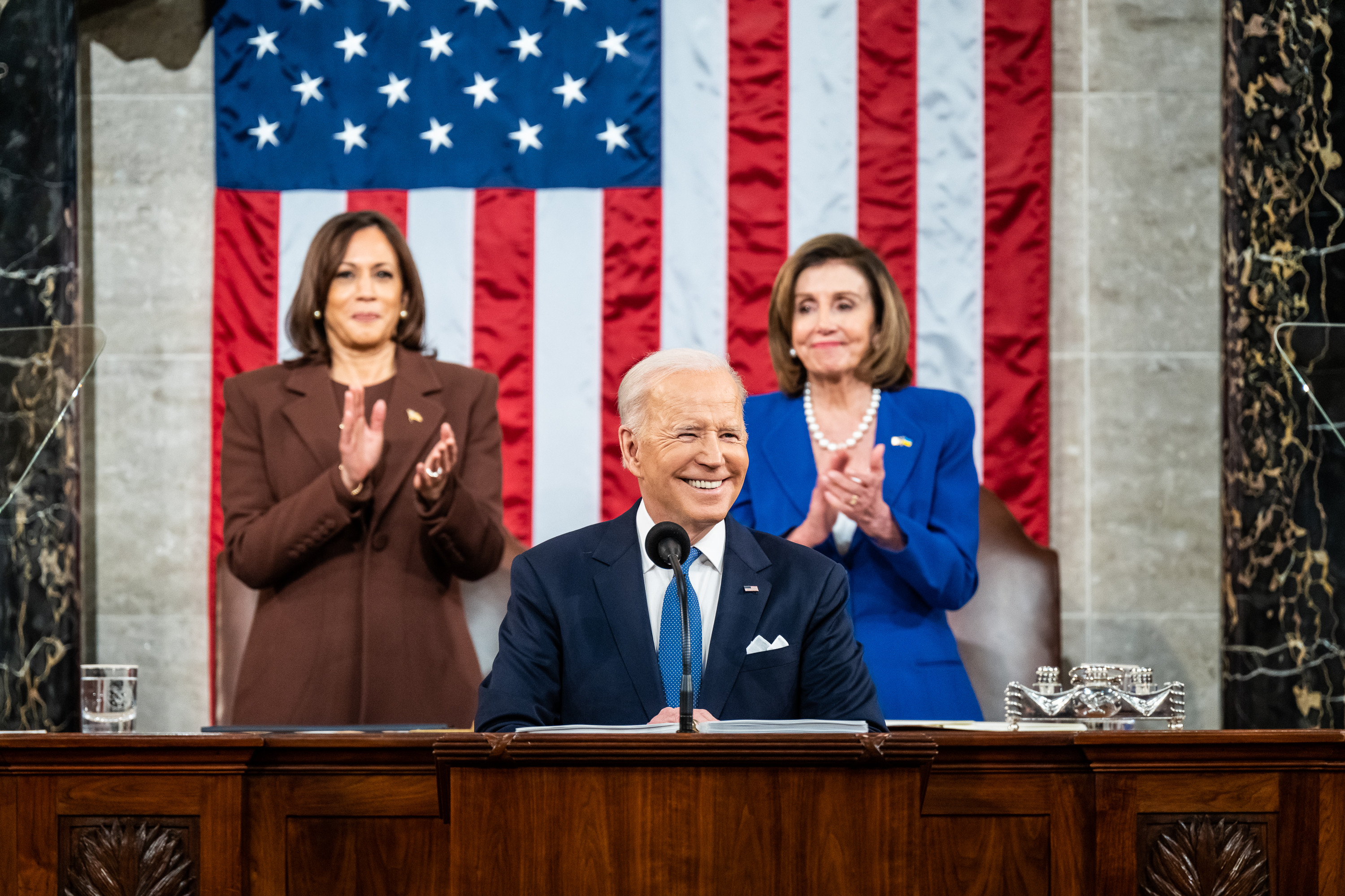 Joe Biden with Kamala Harris (left) and Nancy Pelossi (right), speaking to the Congress.