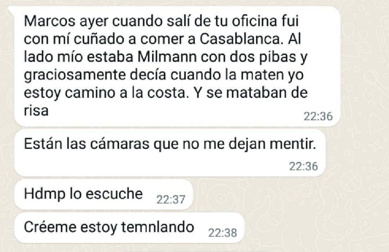 Mensaje de WhatsApp enviado a las 22.36 del 1 de septiembre pasado, minutos después del ataque a la vicepresidenta argentina, Cristina Kirchner, por el testigo protegido actualmente por la Justicia.