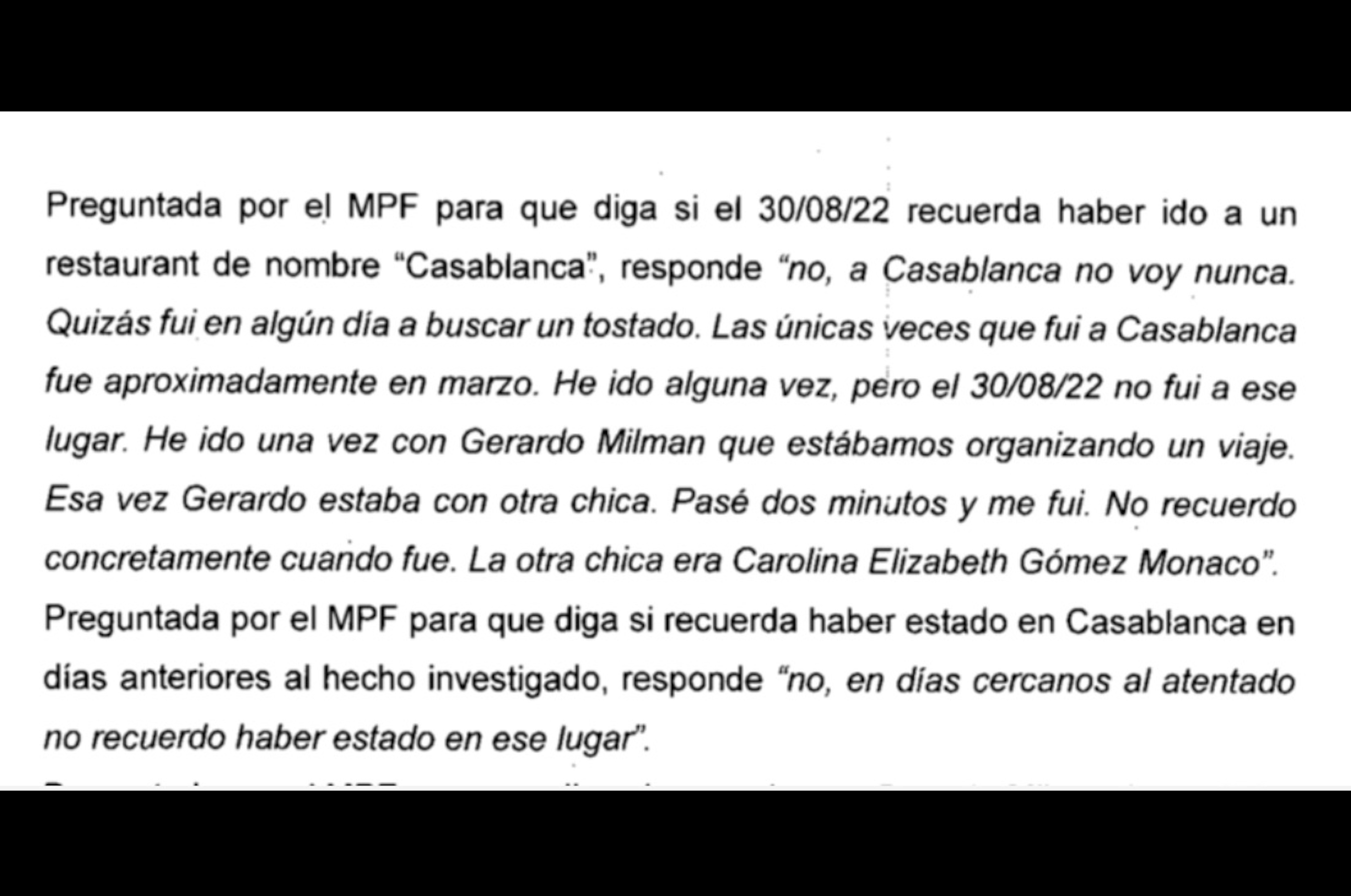 Transcripción taquigráfica de la Fiscalía de la declaración falsa de Ivana Bohdziewicz, una de las mujeres que acompañaba al diputado Milman en la confitería Casablanca.