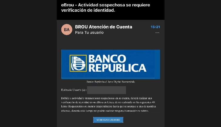 Este email ha llegado a clientes del BROU en los últimos días