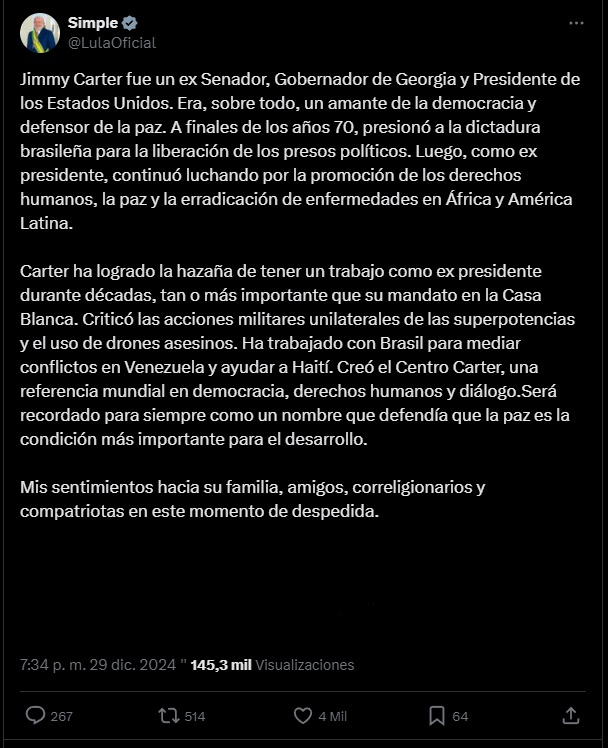 El presidente brasileño Luiz Inácio Lula da Silva rinde homenaje a Jimmy Carter en su red social X, destacando su compromiso con la democracia y la justicia social. 