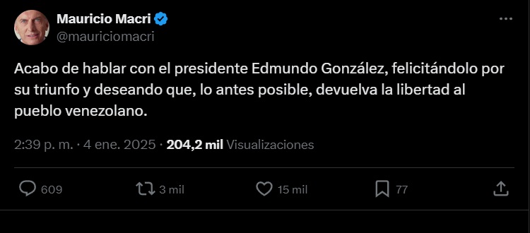 Mauricio Macri expresses his support for Edmundo González on social network X.